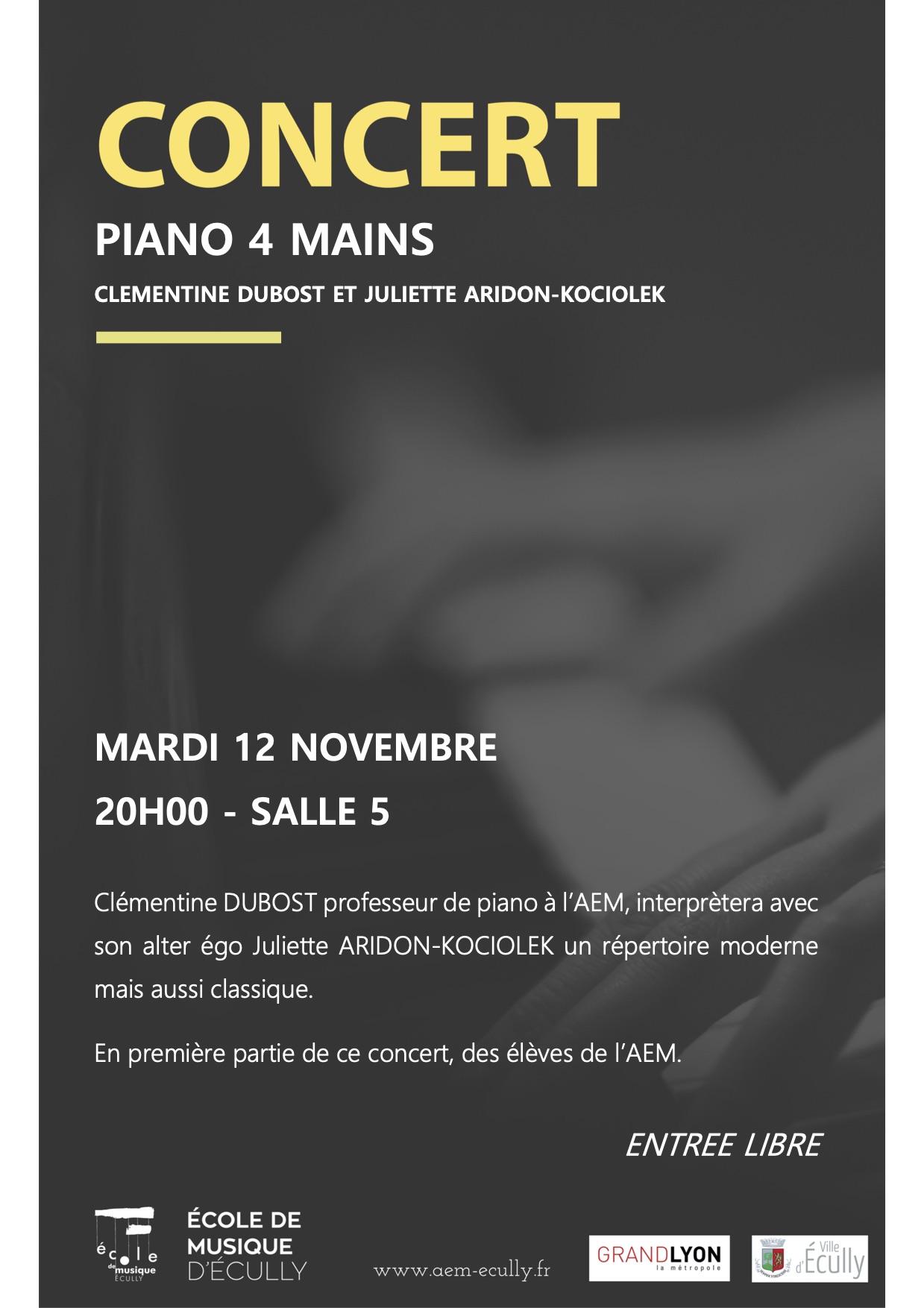 Affiche du concert de piano 4 mains le 12 novembre 2019