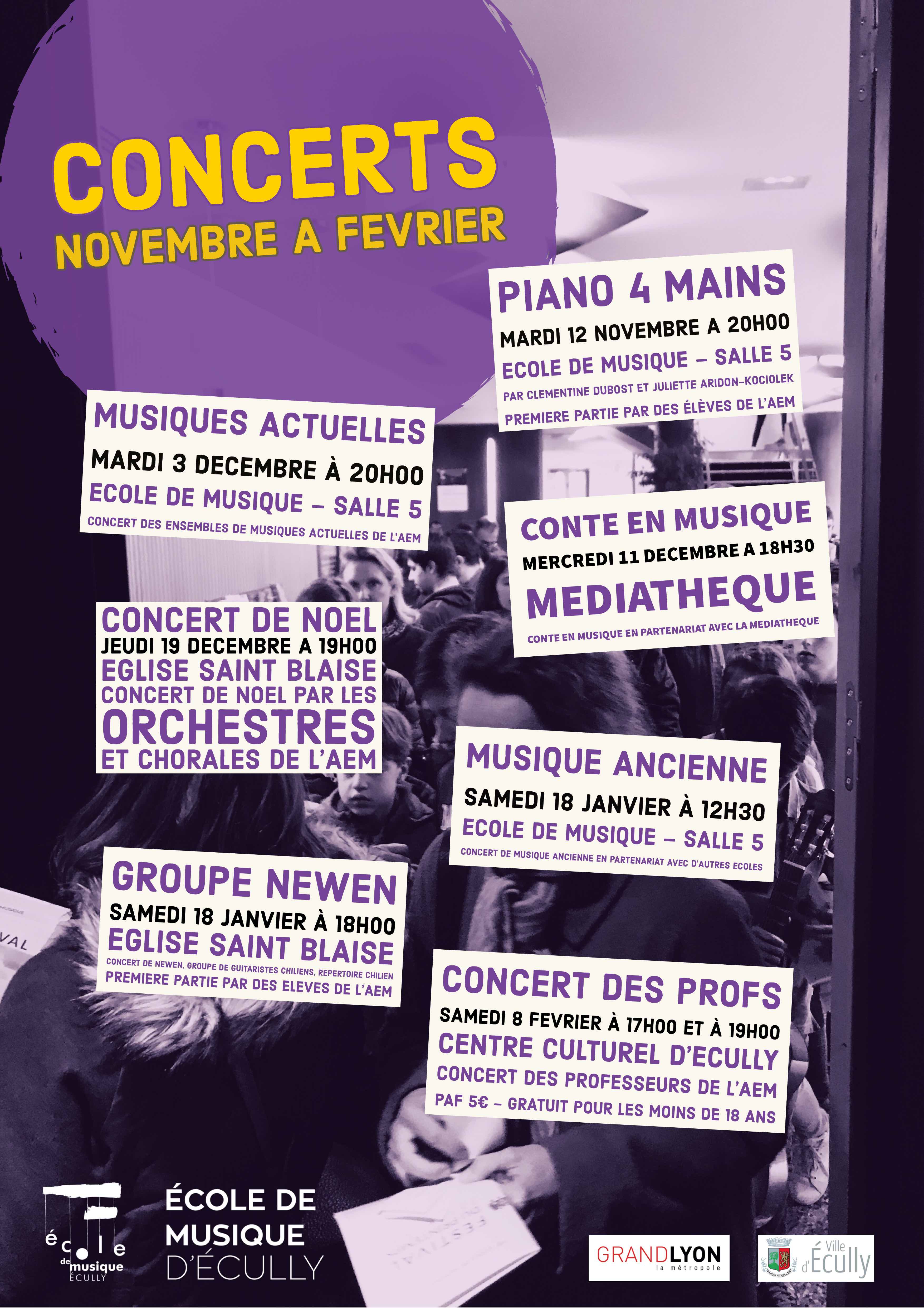 AFFICHE CONCERTS NOVEMBRE A FEVRIER de l'école de musique d'Ecully