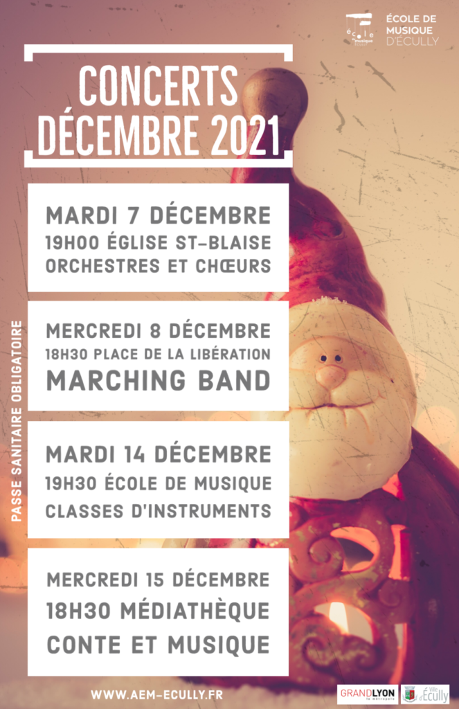 Affiche des concerts de décembre 2021 de l'AEM, Ecole de Musique d'Ecully
